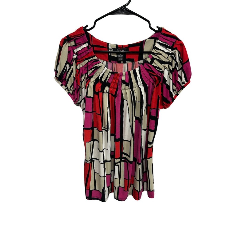 Style & Co Pleated Neck Geometric Print Short Sleeve Top Multicolor Sz Medium